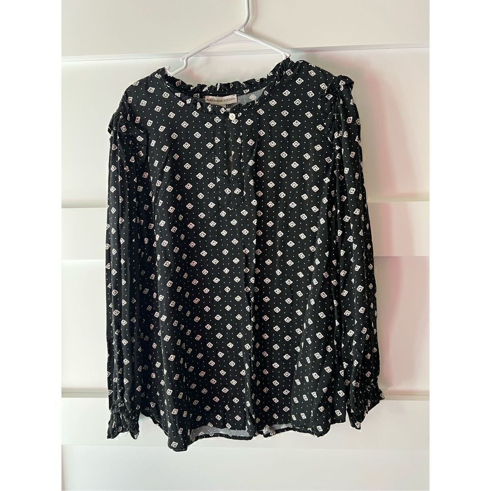New Alexander Jordan ruffle neck black top with pattern and elastic banded sleev